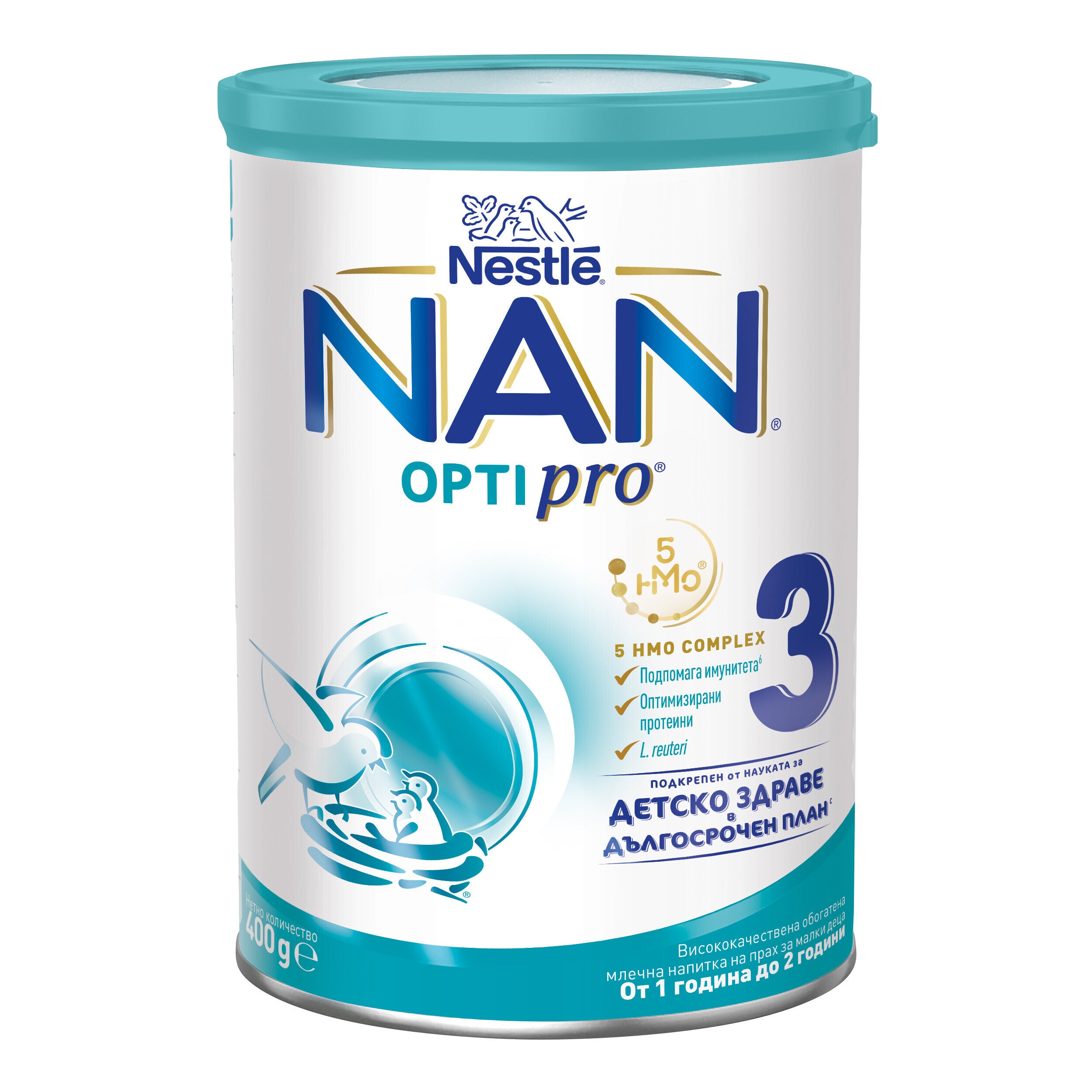Nestlé NAN OPTIPRO stage 3 formula can, white and teal packaging