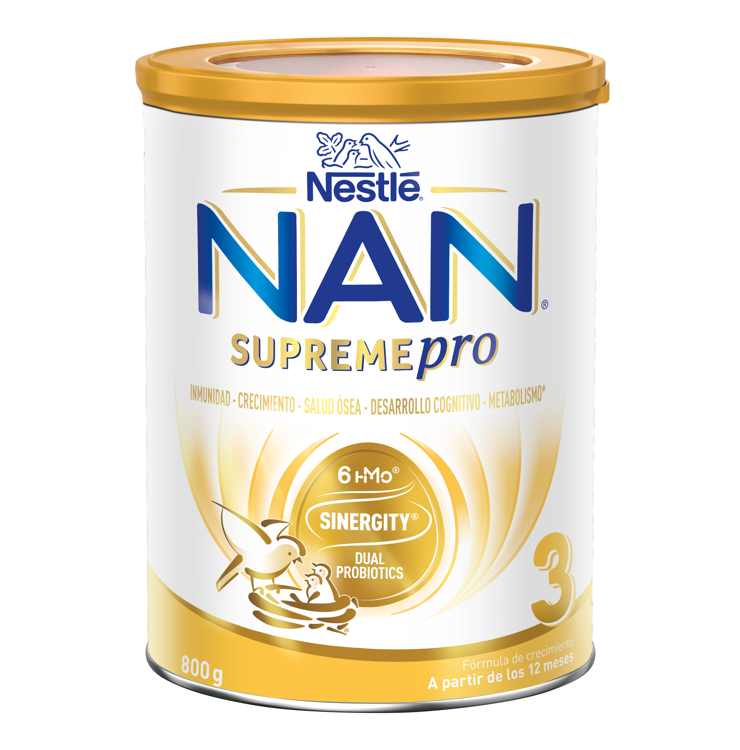 Gold-and-white tin of Nestlé NAN Supremepro Stage 3 baby formula 