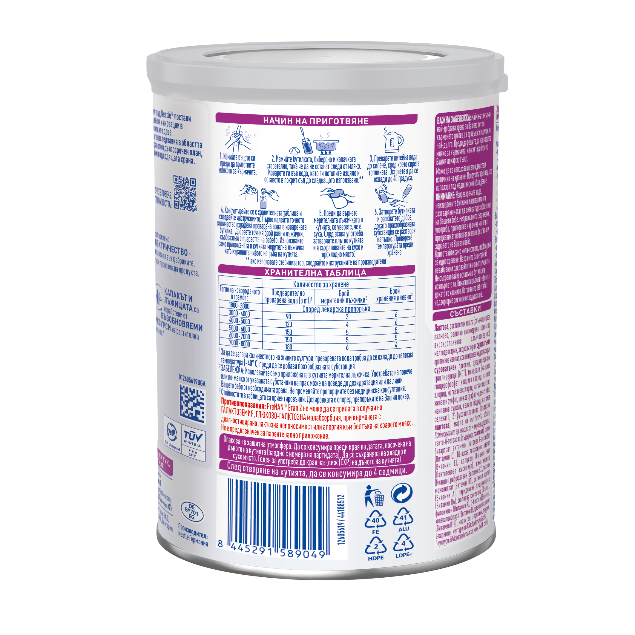 Photograph of white canister back panel with blue and pink nutrition text