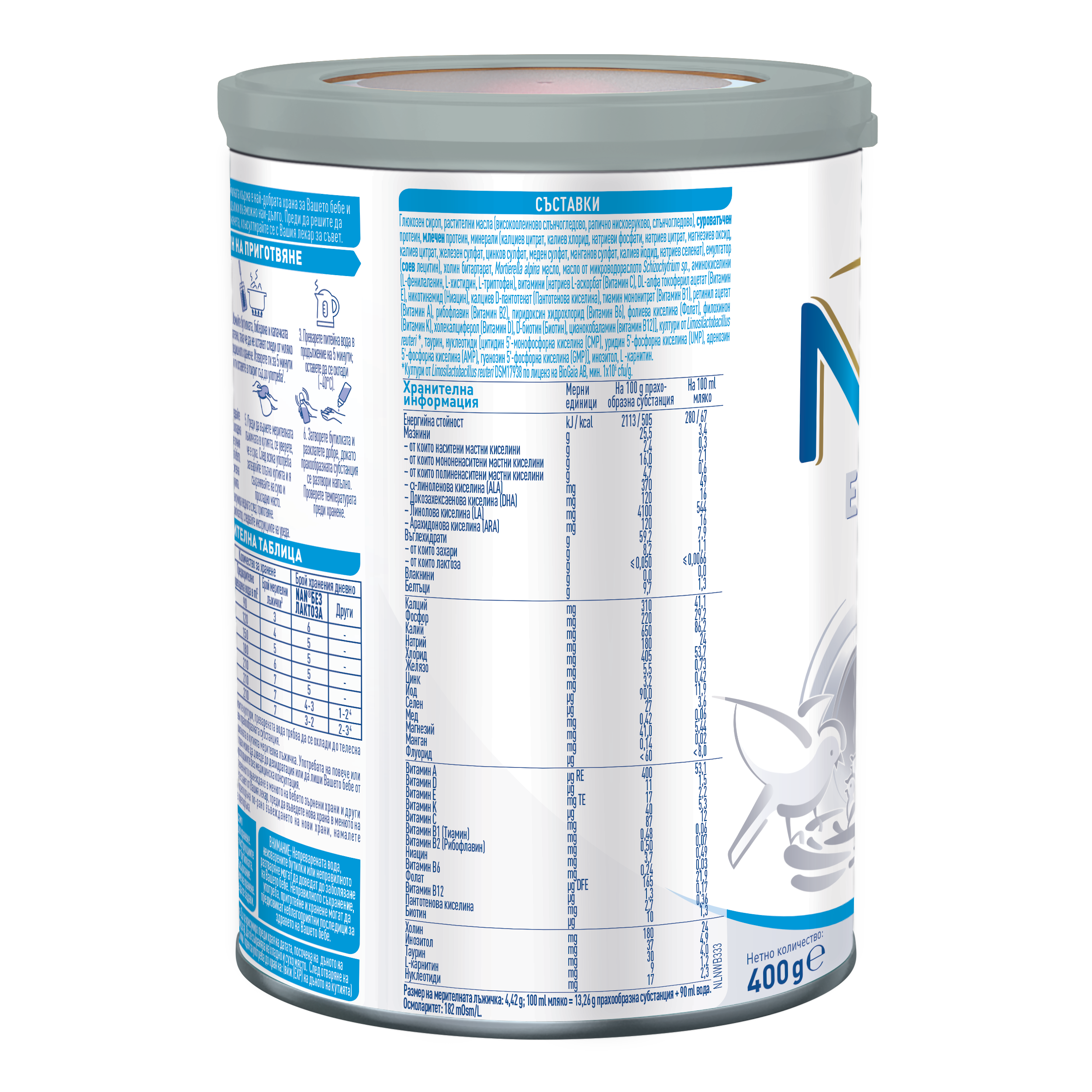 White and blue infant formula canister showing nutrition labels and goat logo