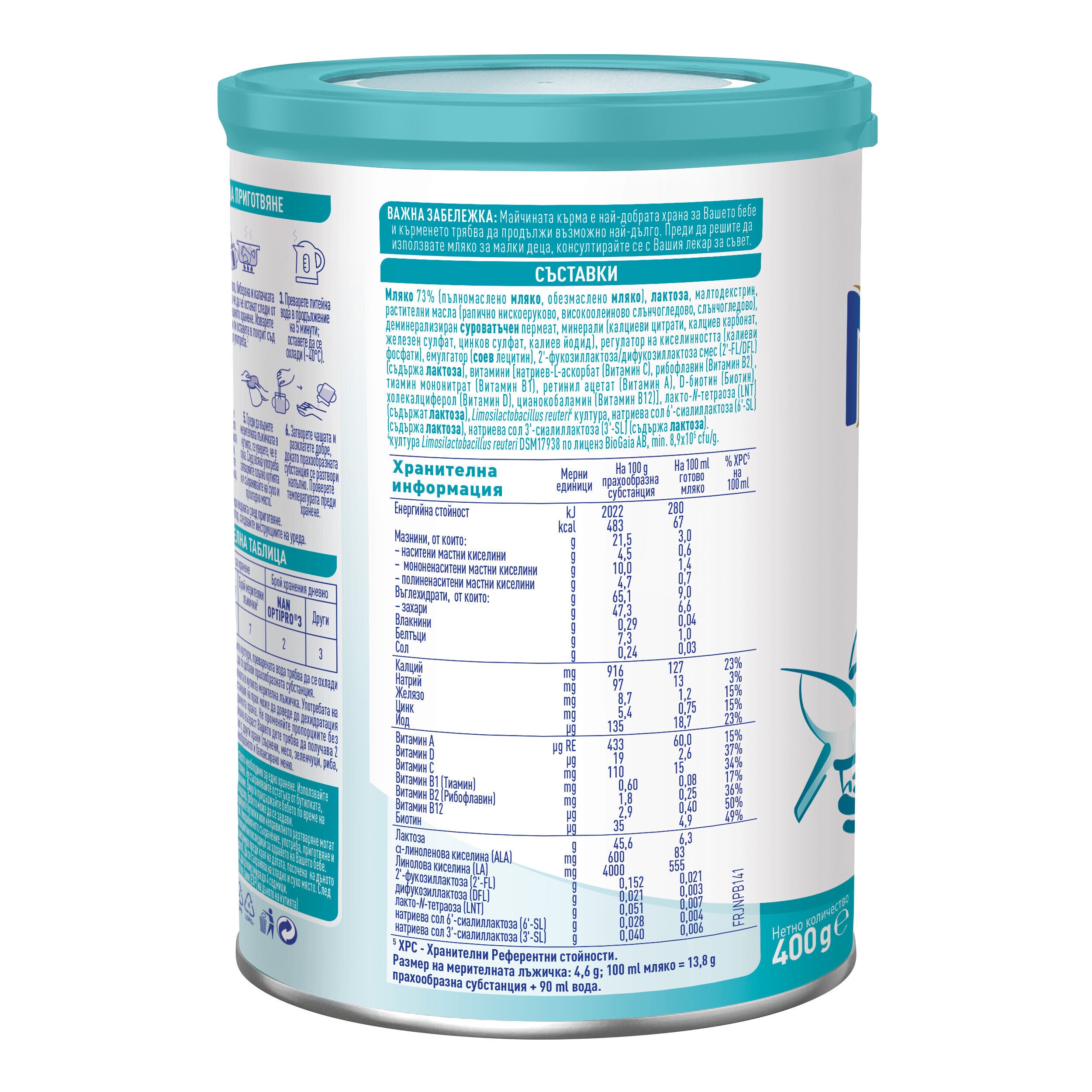 White and teal baby formula canister showing nutrition facts label