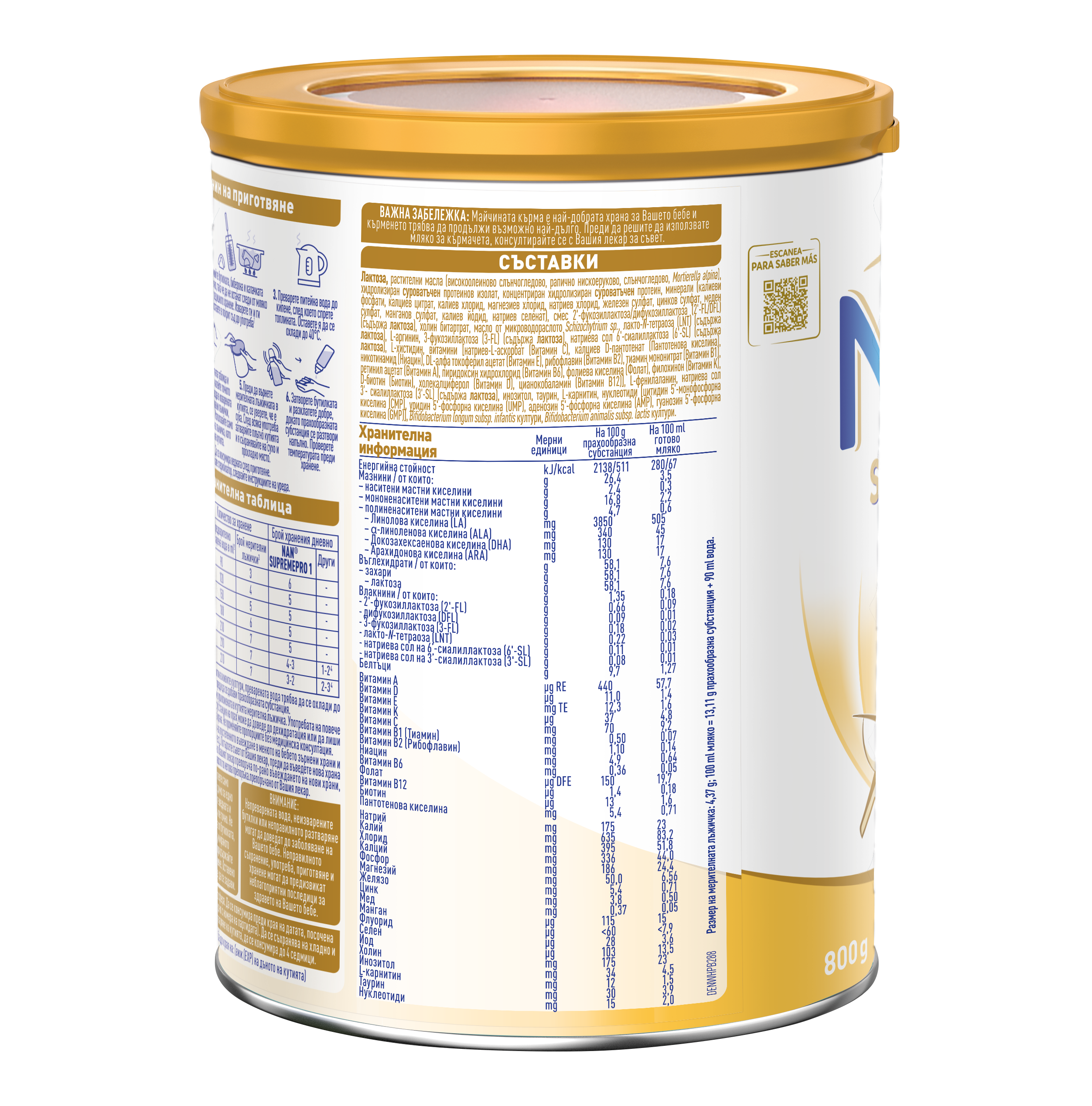Photo of white and gold baby formula can showing back nutrition table label