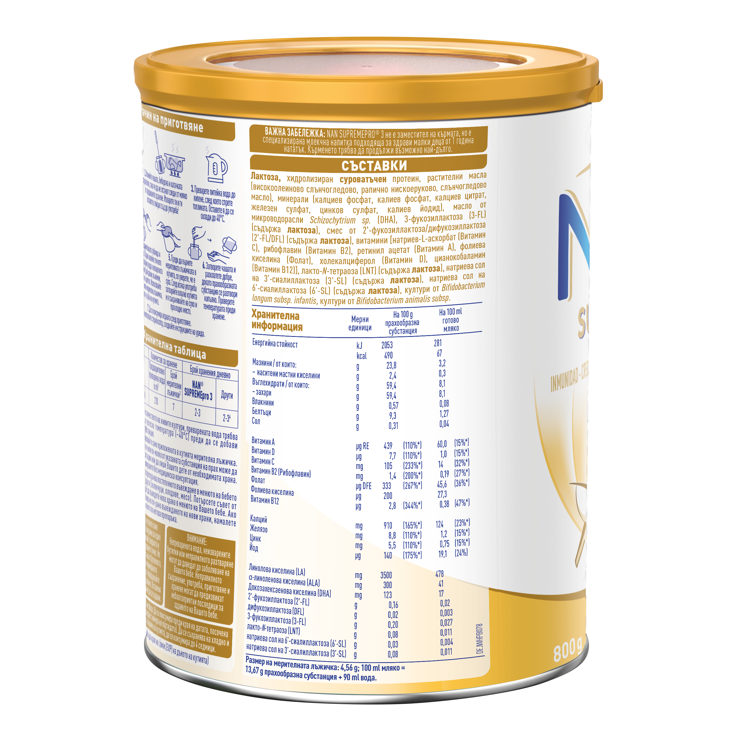 Gold-and-white infant formula tin showing detailed nutrition labels