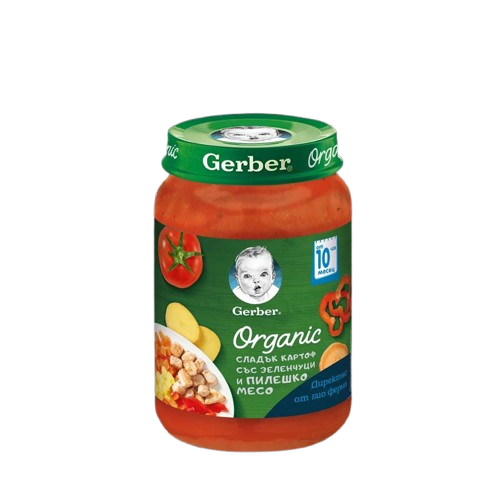 Gerber Organic Храна за бебета, Пюре от сладък картоф и пилешко, от 10-ия месец, 190g