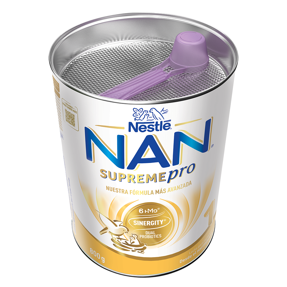Open NAN SupremePro formula tin with purple scoop
