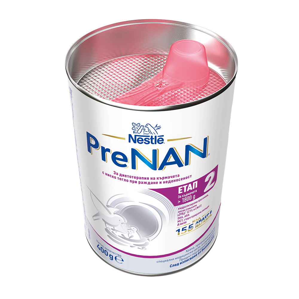Nestlé PreNAN stage 2 infant formula can with pink scoop