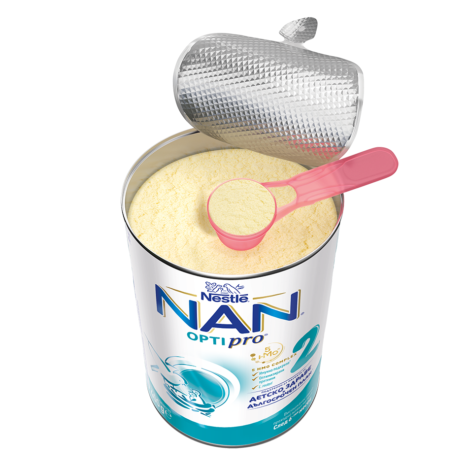 Opened NAN Optipro infant formula can with pink scoop