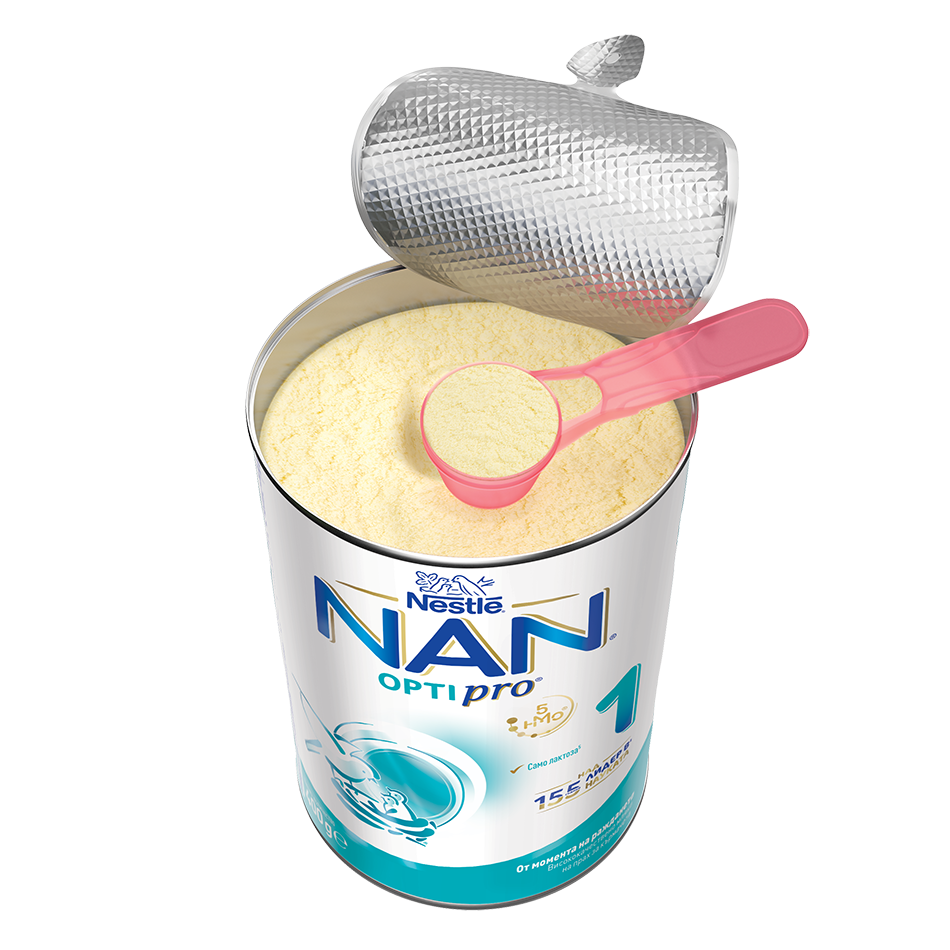 Photograph of Nestlé NAN Optipro 1 infant formula can with pink scoop