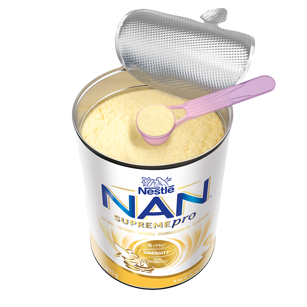 Opened Nestlé NAN SupremePro 3 infant formula can with powder and purple scoop