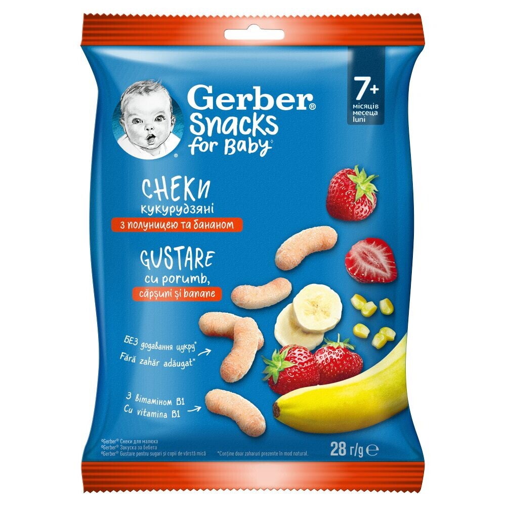 Gerber® Snacks for baby, Снакс, царевичен снакс с ягоди и банан, от 7-ия месец, 28g, плик