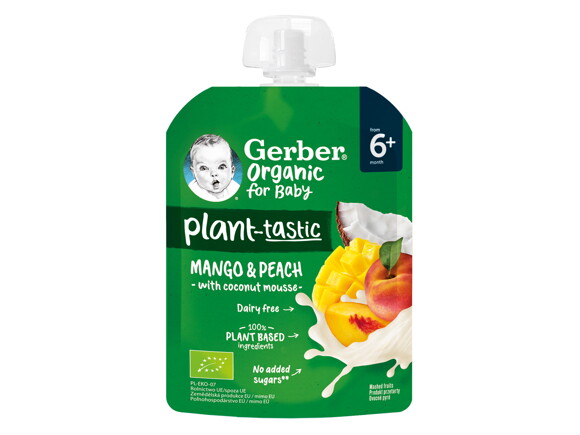 Gerber Organic for baby, Plantastic, Храна за бебета, Пюре от манго и праскова с кокосов мус, 80g, пауч