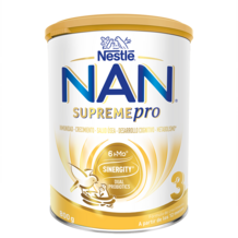 Gold-and-white tin of Nestlé NAN Supremepro Stage 3 baby formula (product photo)