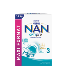White and teal NAN Optipro 3 infant formula box with magenta "MAXI FORMAT" strip