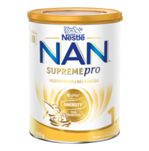 white-and-gold Nestlé NAN SupremePro infant formula can, stage 1