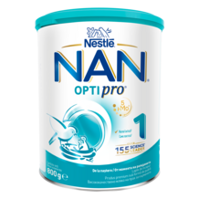 Nestlé NAN OPTIPRO 1 infant formula can with teal and white label