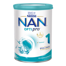Photograph of Nestlé NAN OPTIPRO 1 infant formula can with teal lid