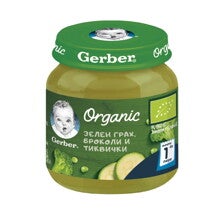 Gerber Organic Храна за бебета, Пюре от зелен грах, броколи и тиквички Gerber Organic Храна за бебета, Пюре от зелен грах, броколи и тиквички