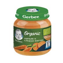 Gerber Organic Храна за бебета, Пюре от морков и сладък картоф Gerber Organic Храна за бебета, Пюре от морков и сладък картоф