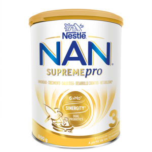 Gold-and-white tin of Nestlé NAN Supremepro Stage 3 baby formula (product photo)