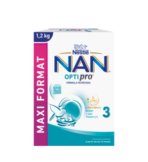 White and teal NAN Optipro 3 infant formula box with magenta "MAXI FORMAT" strip