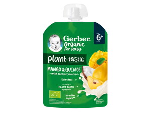 Gerber Organic for baby Plantastic, Храна за бебета, Пюре от манго и дюля с кокосов мус, 80g, пауч Gerber Organic for baby Plantastic, Храна за бебета, Пюре от манго и дюля с кокосов мус, 80g, пауч