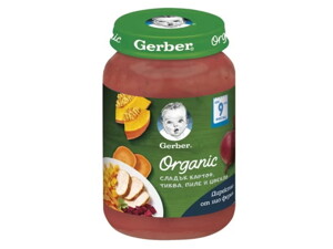 Gerber® Organic Сладък картоф, тиква, пиле и цвекло пюре, от 9-ия месец, 190g Gerber® Organic Сладък картоф, тиква, пиле и цвекло пюре, от 9-ия месец, 190g