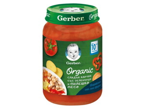 Gerber® Organic Сладък картоф със зеленчуци и пилешко месо пюре, от 10-ия месец, 190g Gerber® Organic Сладък картоф със зеленчуци и пилешко месо пюре, от 10-ия месец, 190g