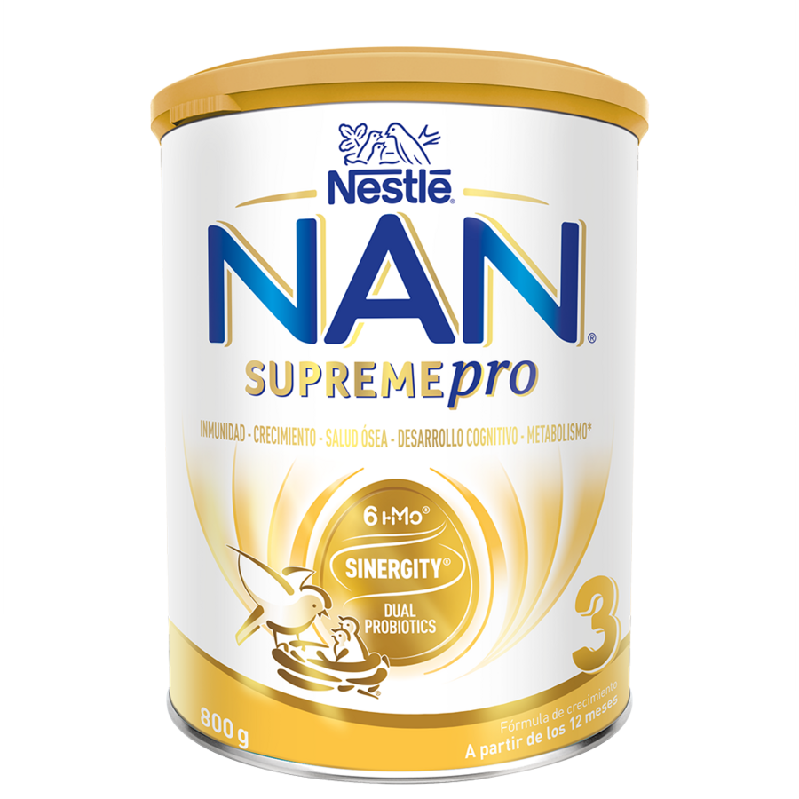 Gold-and-white tin of Nestlé NAN Supremepro Stage 3 baby formula (product photo)