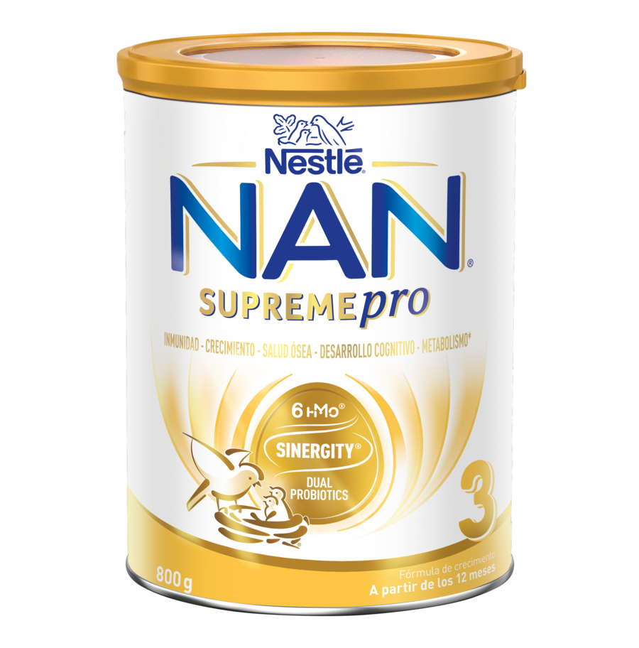 Gold-and-white tin of Nestlé NAN Supremepro Stage 3 baby formula 