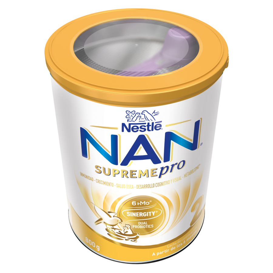 Nestlé NAN SupremePro infant formula can with gold lid and white label