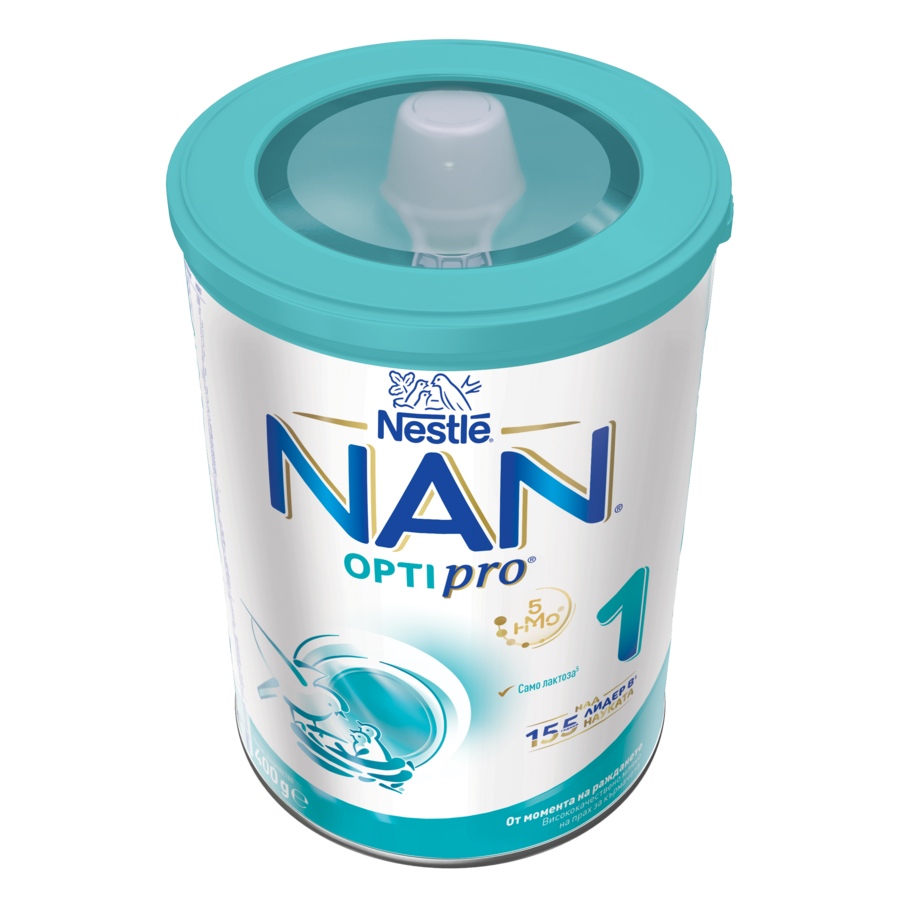 Photograph of a teal-lidded Nestlé baby formula can
