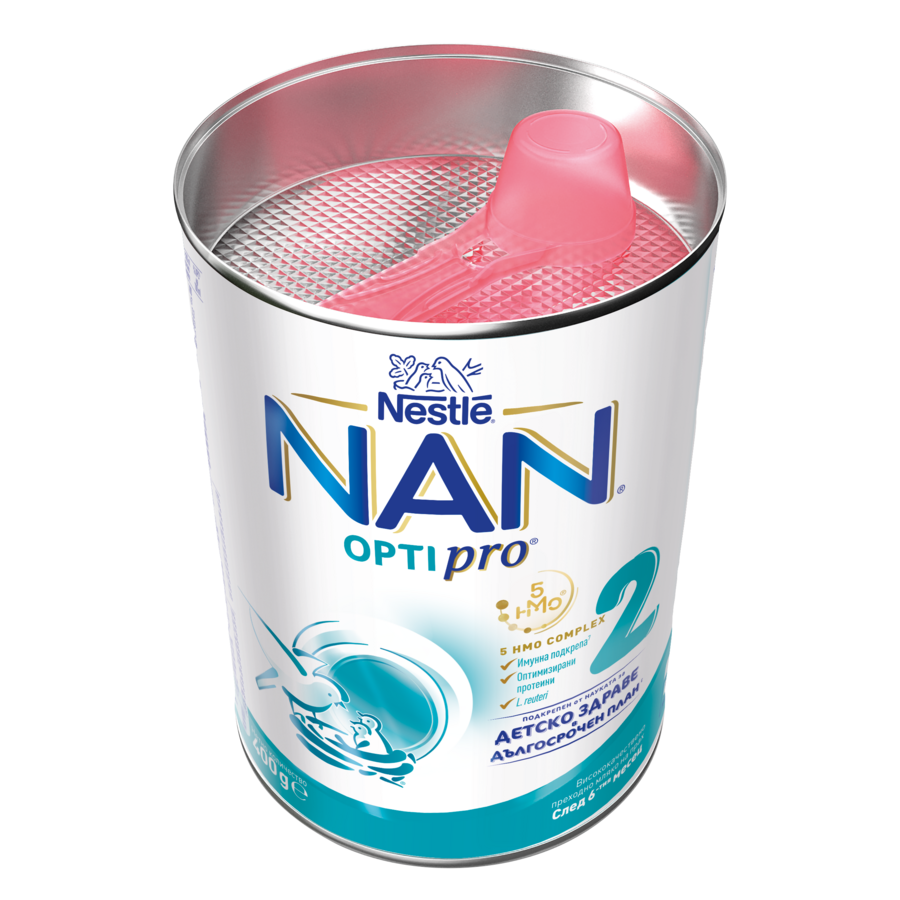 NAN Optipro 2 infant formula can with pink lid and blue label