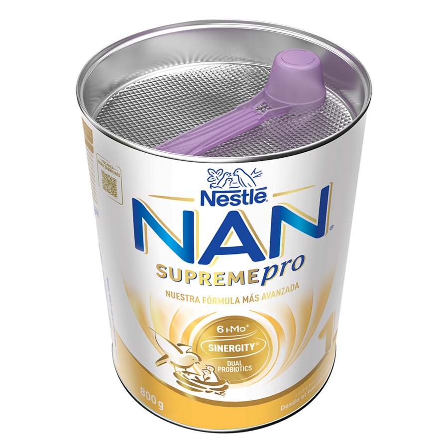 Open NAN SupremePro formula tin with purple scoop