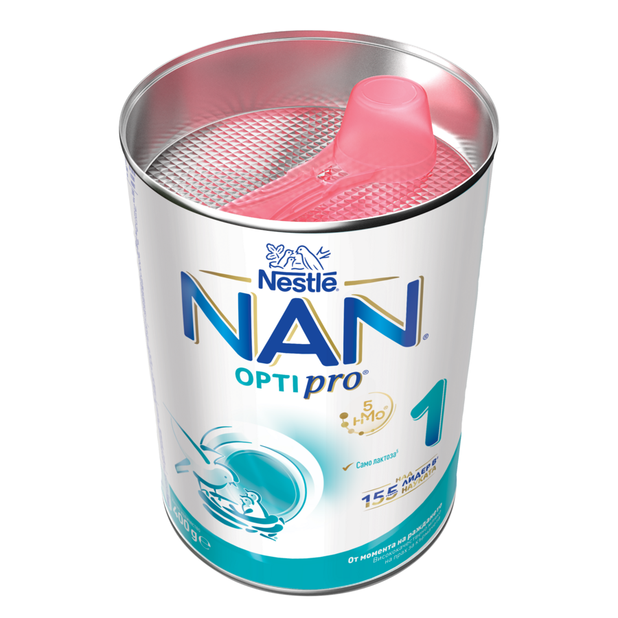 Photograph of Nestlé NAN Optipro 1 infant formula can with pink scoop