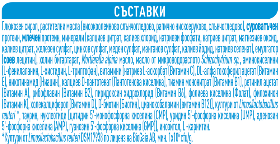 Small blue ingredient list on white product packaging