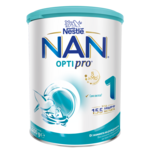 Photograph: Nestlé NAN OPTIPRO 1 infant formula tin, white and teal packaging
