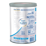 White-and-blue infant formula tin with label and gray lid