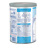 Back label of infant formula can with blue nutrition table and instructions
