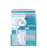 Photo of back of teal infant formula box with nutrition facts and preparation instructions.
