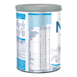 White and blue infant formula canister showing nutrition labels and goat logo