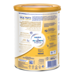 Photograph of a yellow baby formula tin with nutrition facts and Nestlé logo