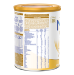 Photo of white and gold baby formula can showing back nutrition table label