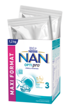 NAN Optipro 3 infant formula box, blue-white packaging with Nestlé logo