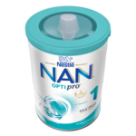 Photograph of a teal-lidded Nestlé baby formula can
