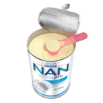 Open can of powdered infant formula with peeled foil lid, pink scoop, NAN logo