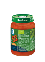 Gerber® Organic Сладък картоф със зеленчуци и пилешко месо пюре, от 10-ия месец, 190g