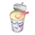 Open can of Nestlé PreNAN baby formula powder with a pink scoop