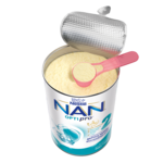 Opened NAN Optipro infant formula can with pink scoop