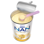 opened can of Nestlé NAN SupremePro infant formula with pink scoop
